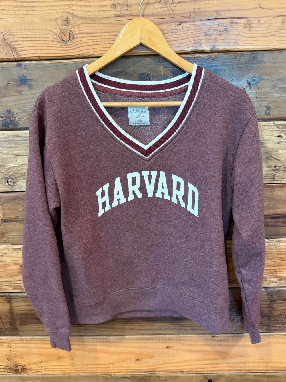 League Women’s  V-Neck Harvard Sweatshirt in Maroon with White Trim - S